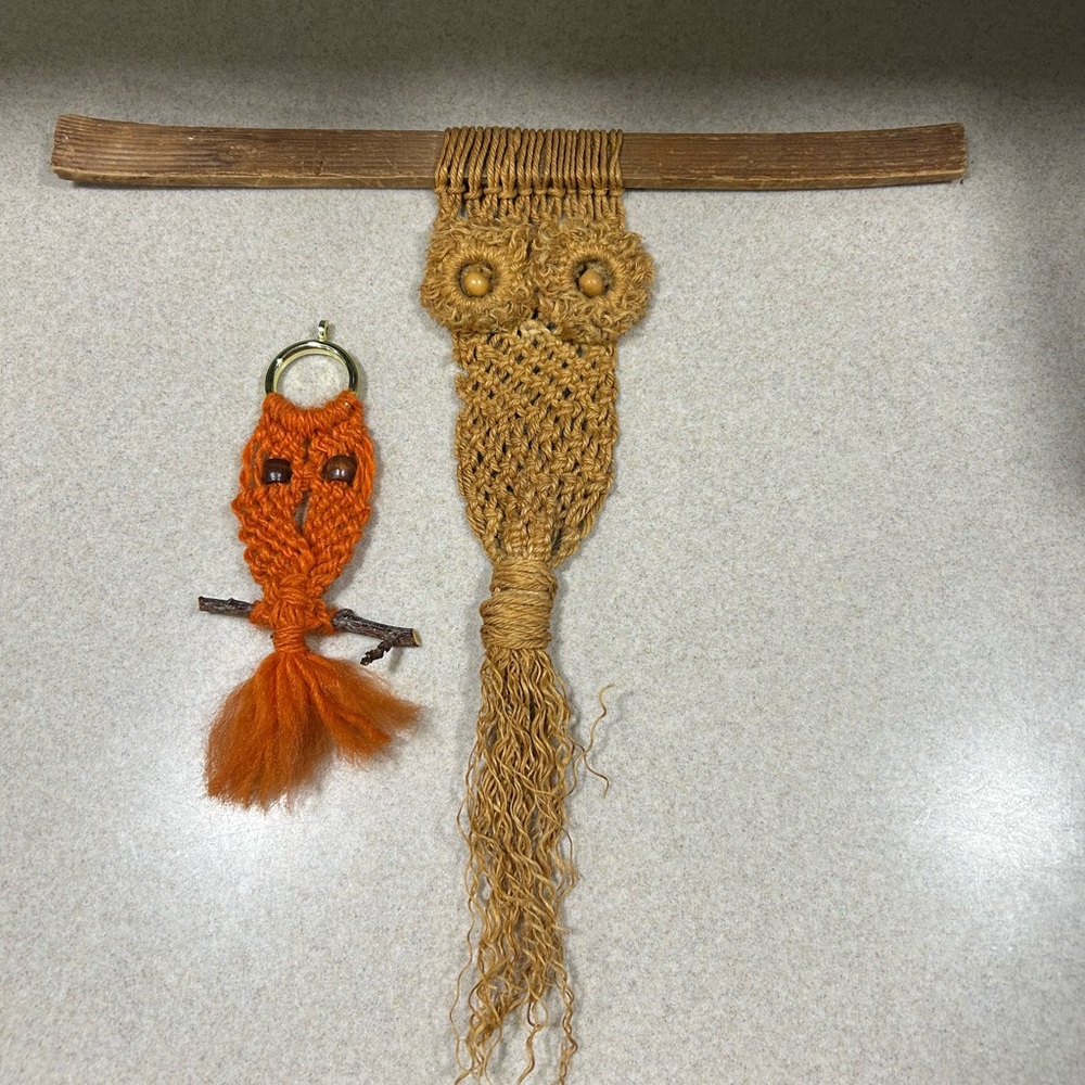 Lot Of 2 Vintage Macrame Owl Wall Hanging Handmade Boho Cottagecore Folk Art